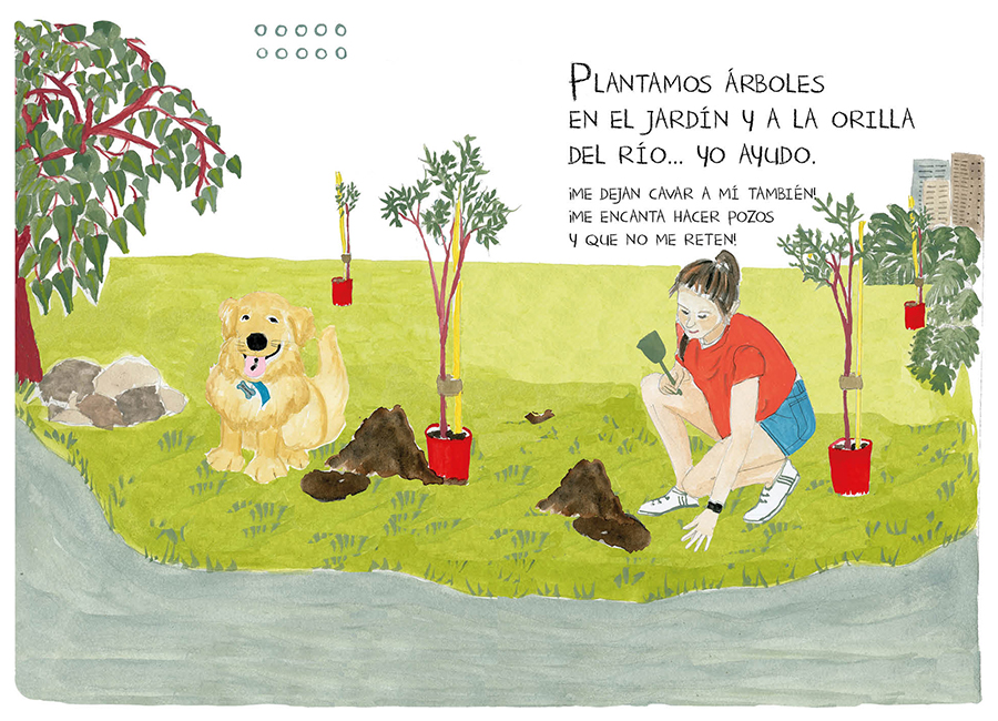 página doble del libro, Plantamos árboles en el jardín y a la orilla del río